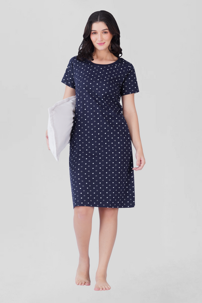 Navy Cotton Printed T-Shirt Nightdress