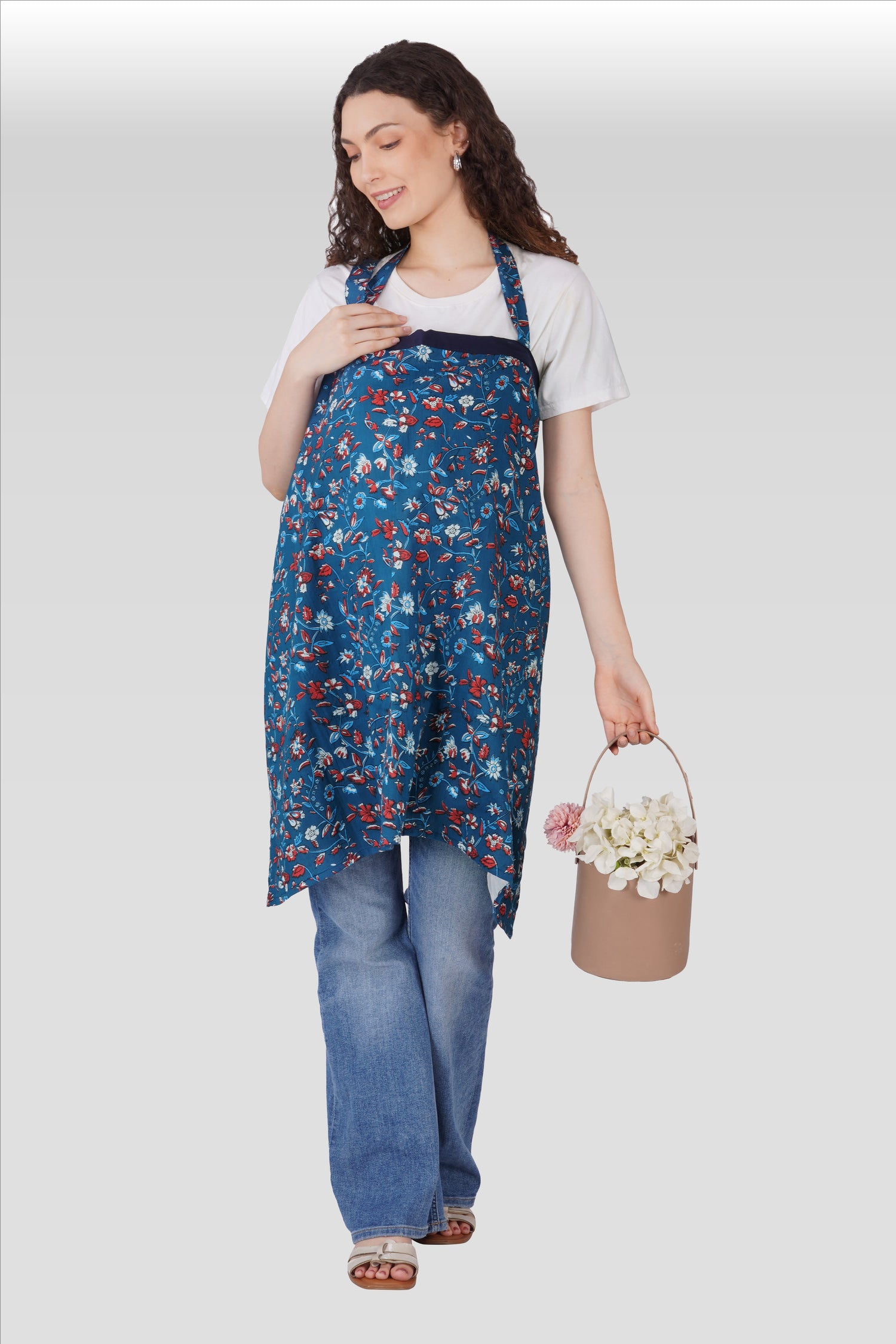 Navy Floral Cotton Printed Feeding Apron