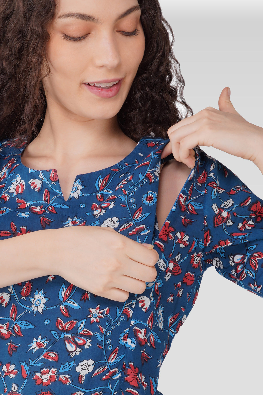 Navy Floral Cotton Printed Maternity and Feeding Pyjama Set