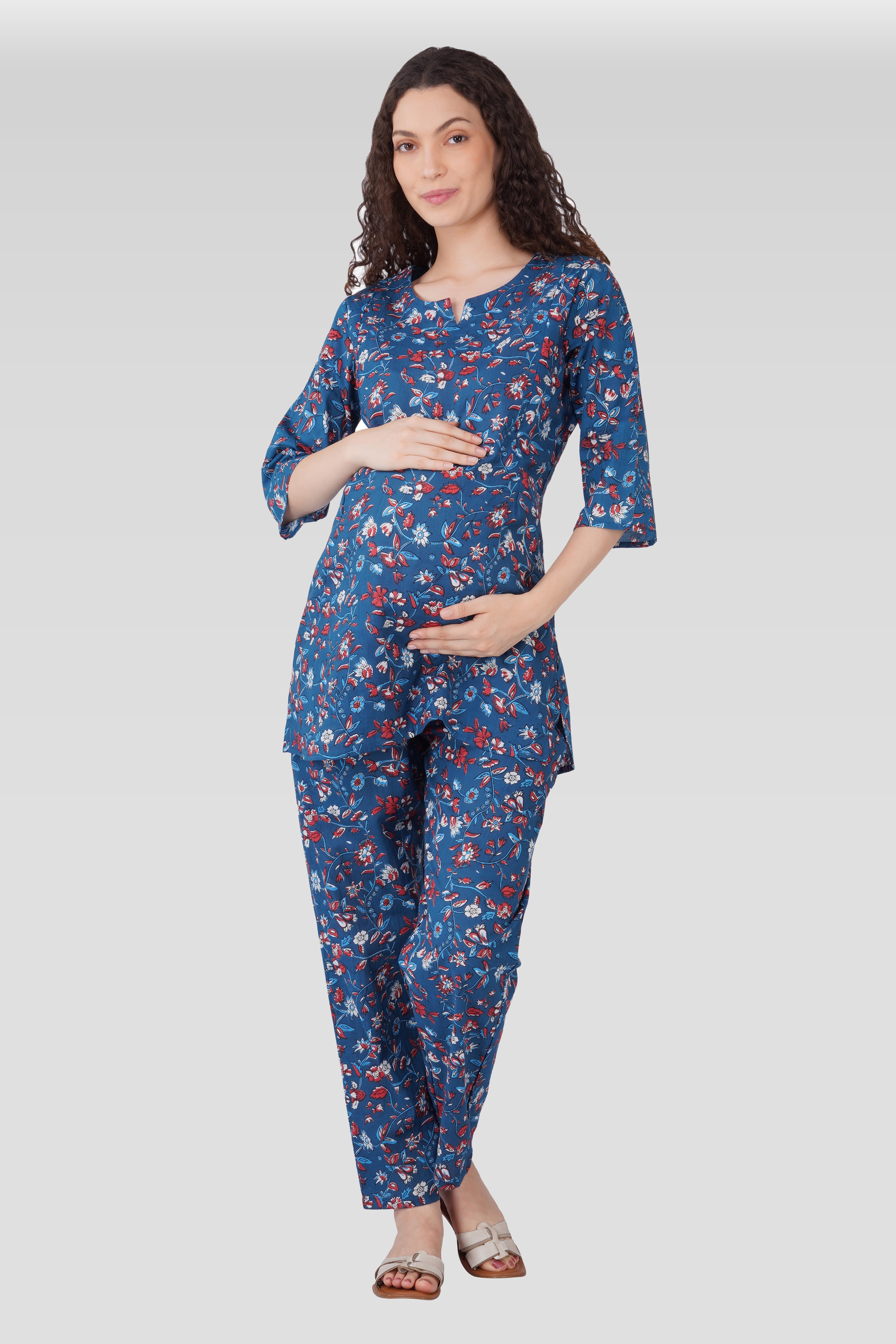 Navy Floral Cotton Printed Maternity and Feeding Pyjama Set