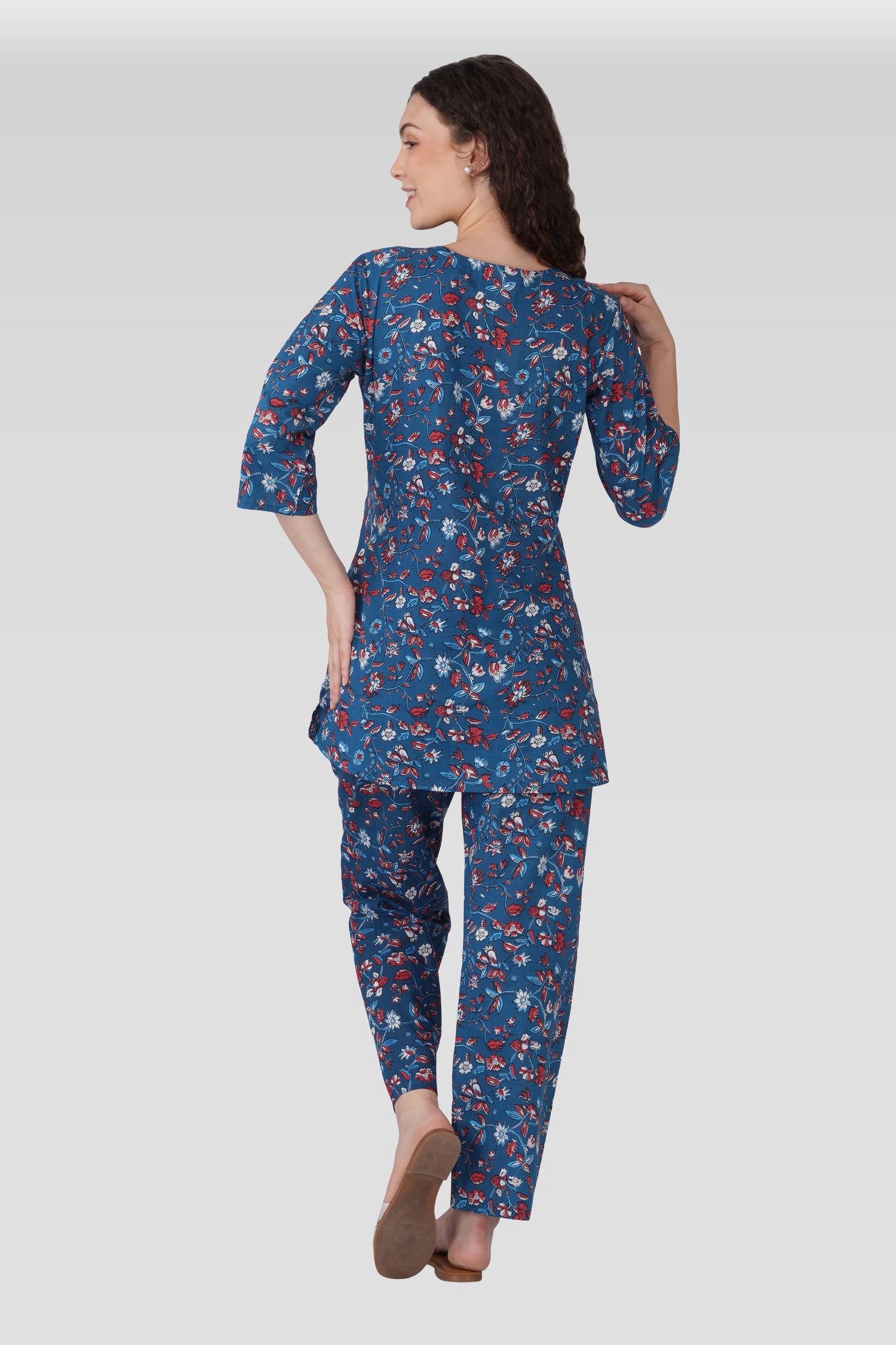 Navy Floral Cotton Printed Maternity and Feeding Pyjama Set