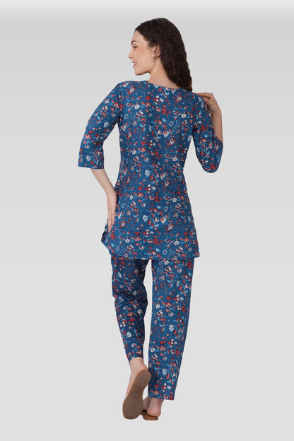 Navy Floral Cotton Printed Maternity and Feeding Pyjama Set