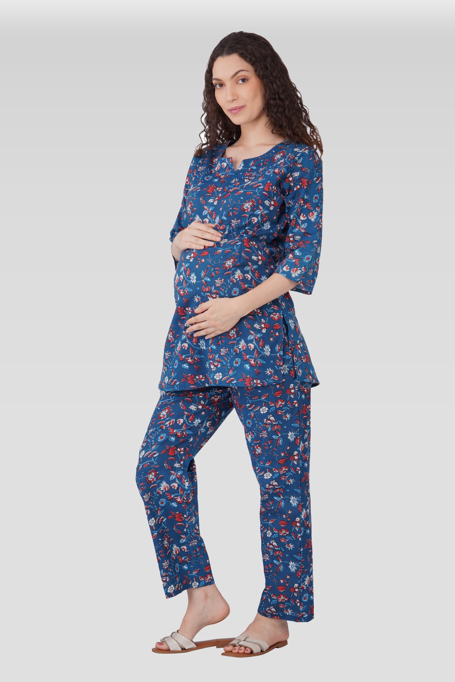 Navy Floral Cotton Printed Maternity and Feeding Pyjama Set