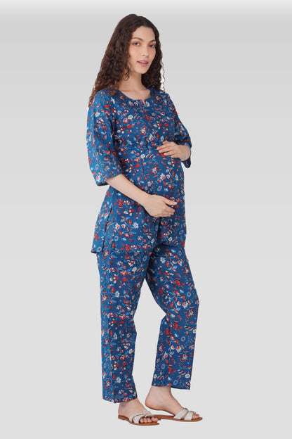 Navy Floral Cotton Printed Maternity and Feeding Pyjama Set
