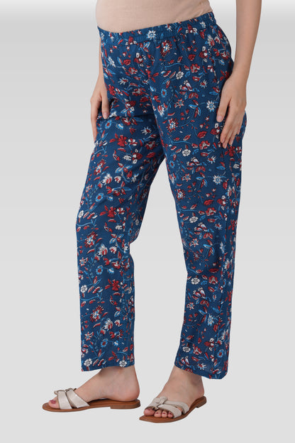 Navy Floral Cotton Printed Maternity and Feeding Pyjama Set