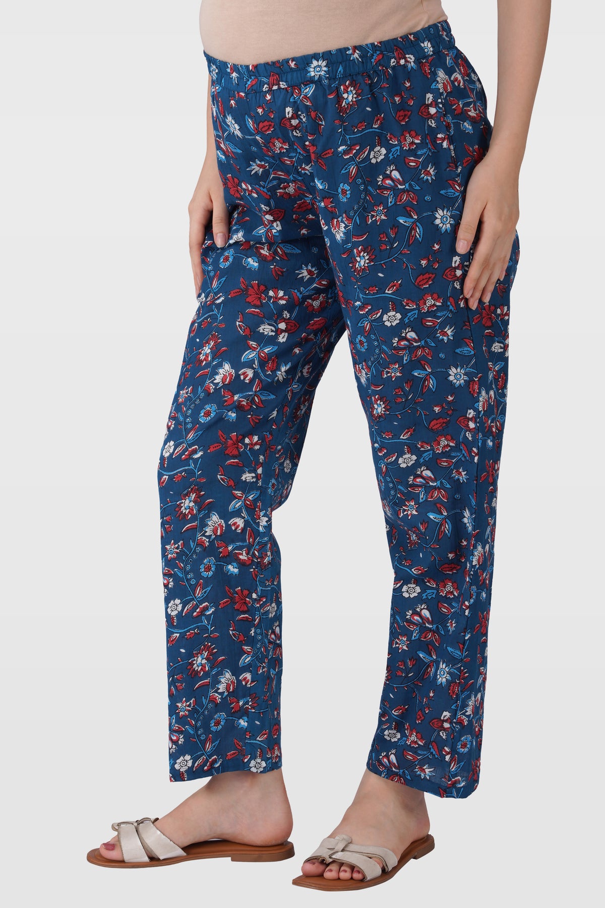 Navy Floral Cotton Printed Maternity and Feeding Pyjama Set
