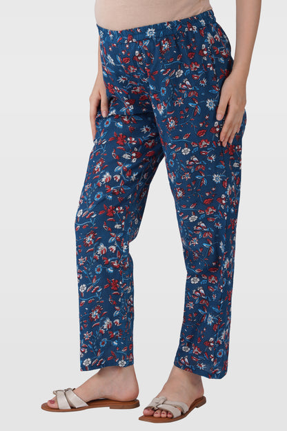 Navy Floral Cotton Printed Maternity and Feeding Pyjama Set