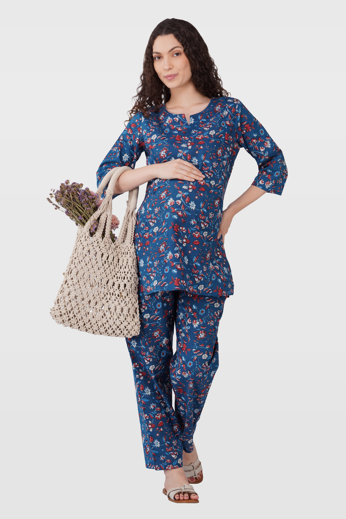 Navy Floral Cotton Printed Maternity and Feeding Pyjama Set
