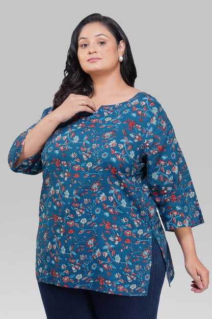 Navy Plus Size Cotton Printed Kurti