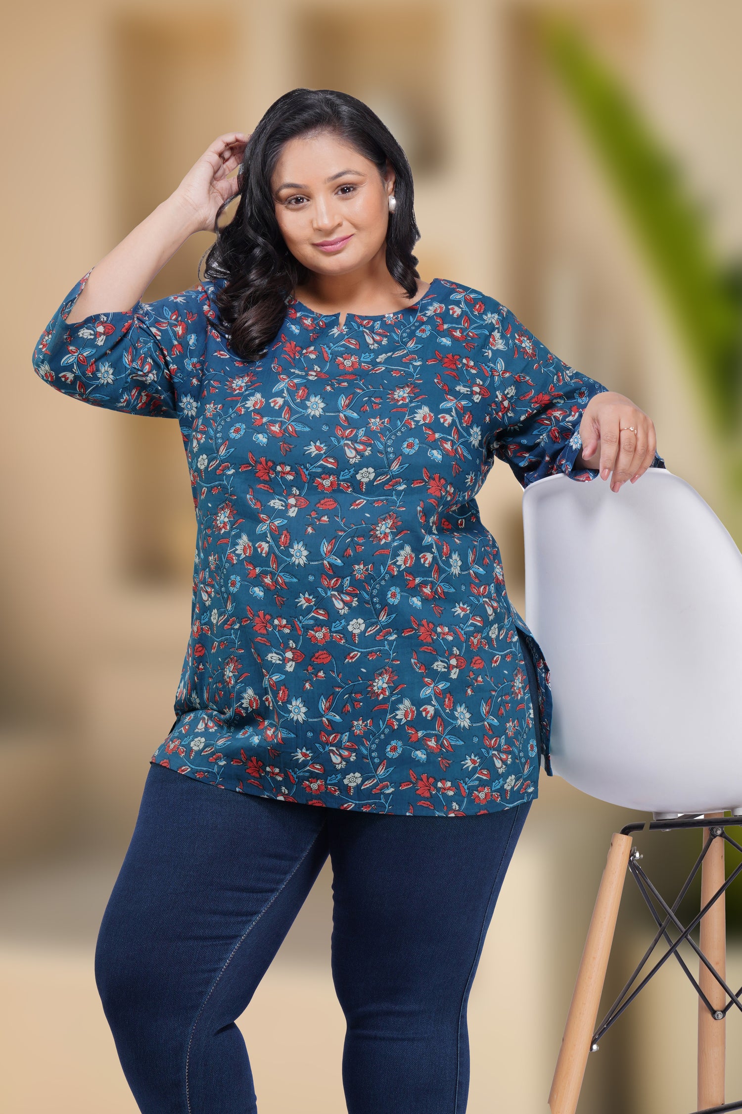 Navy Plus Size Cotton Printed Kurti