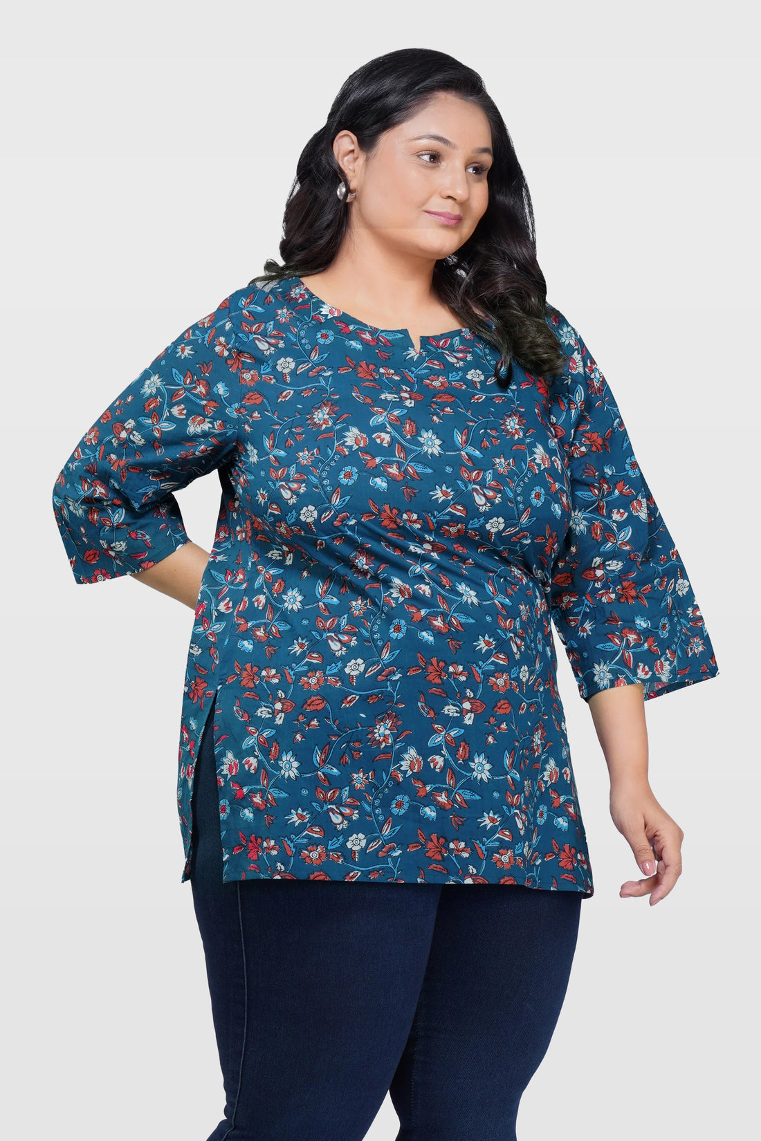 Navy Plus Size Cotton Printed Kurti