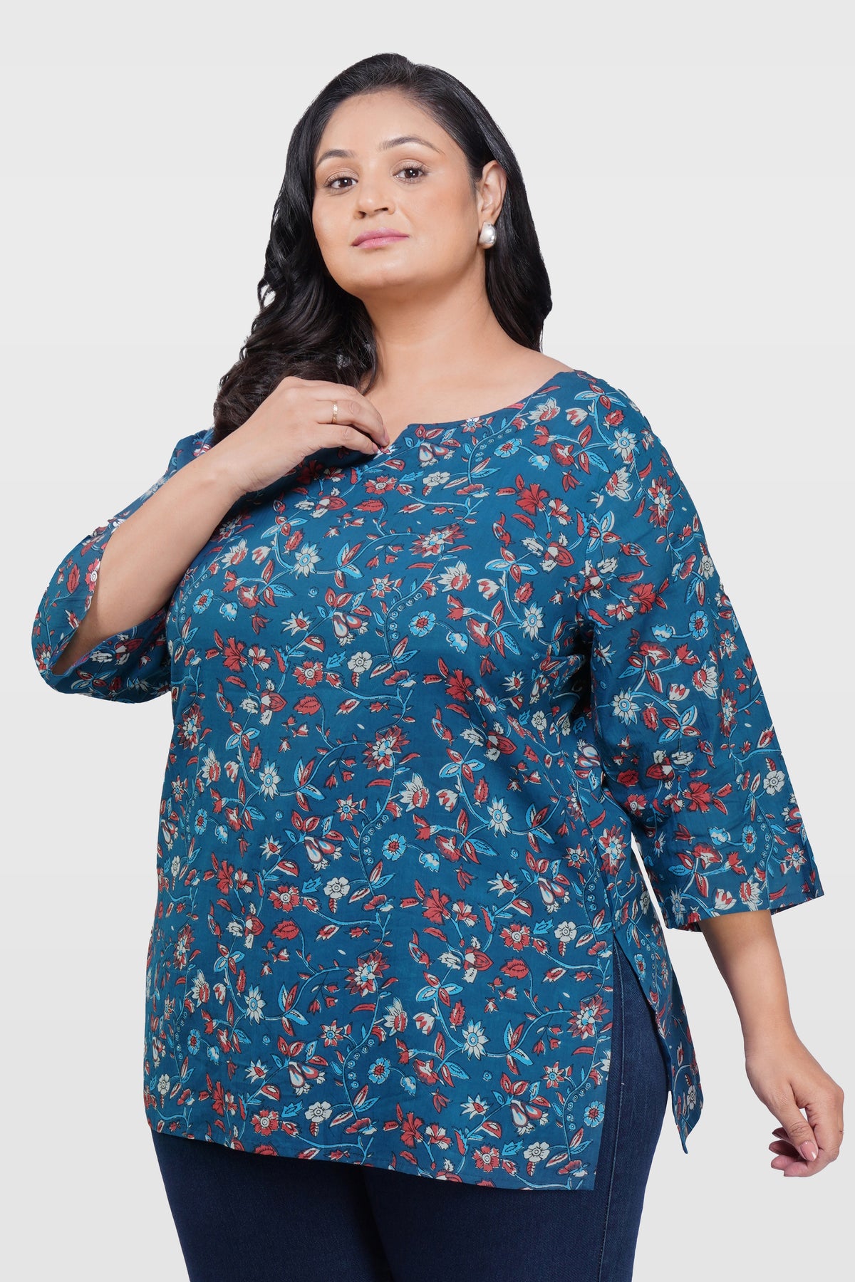 Navy Plus Size Cotton Printed Kurti