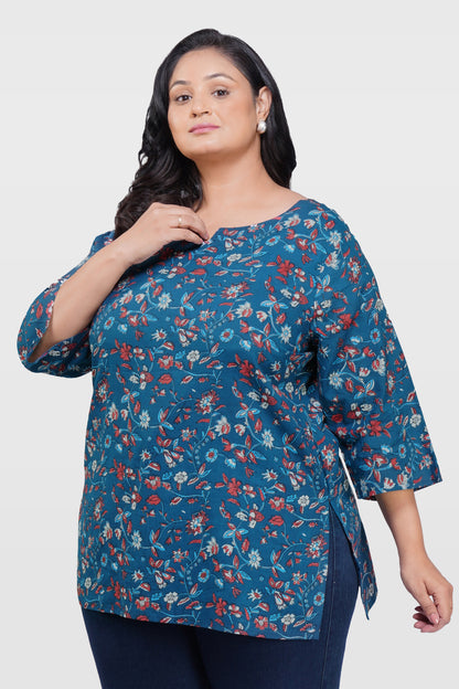 Navy Plus Size Cotton Printed Kurti