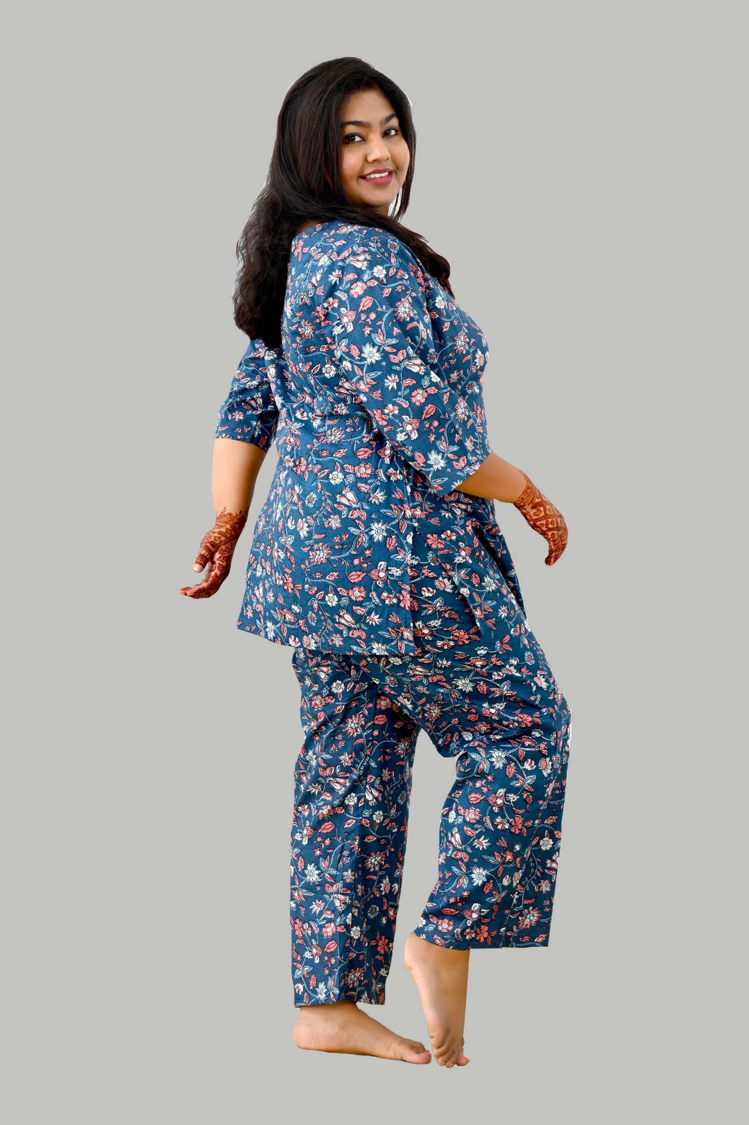 Navy Plus Size Cotton Printed Pyjama Set