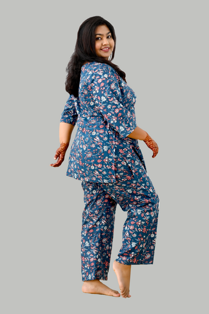 Navy Plus Size Cotton Printed Pyjama Set
