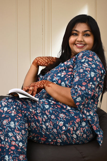 Navy Plus Size Cotton Printed Pyjama Set