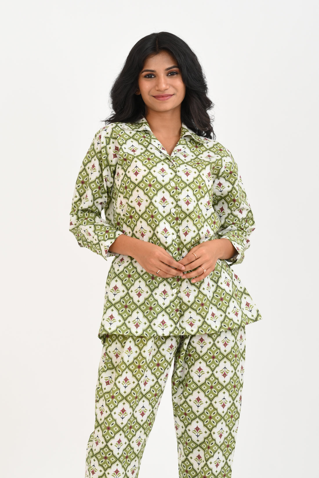 Olive Green Cotton Printed Pyjama Set Cuban Collar