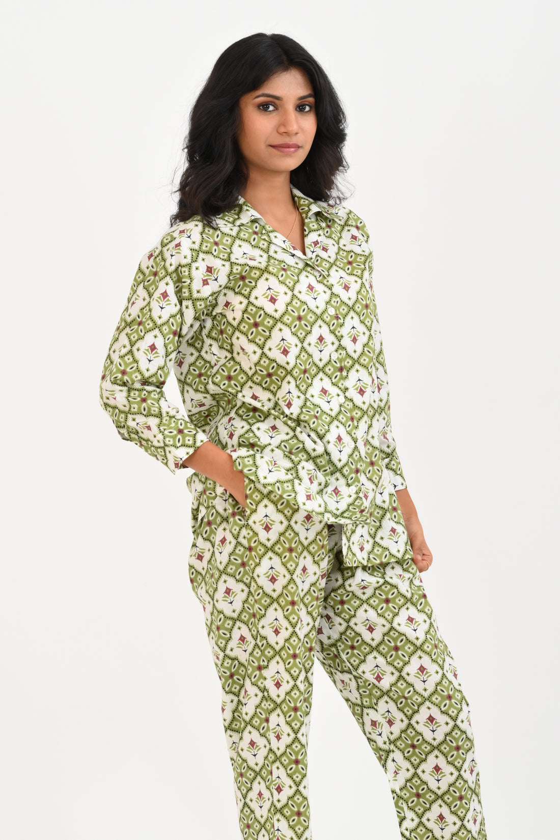 Olive Green Cotton Printed Pyjama Set Cuban Collar