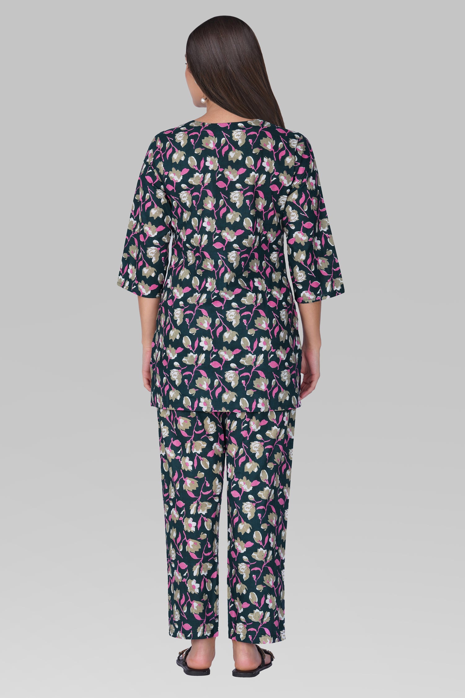 Ocean Blue V Neck Cotton Printed Pyjama Set