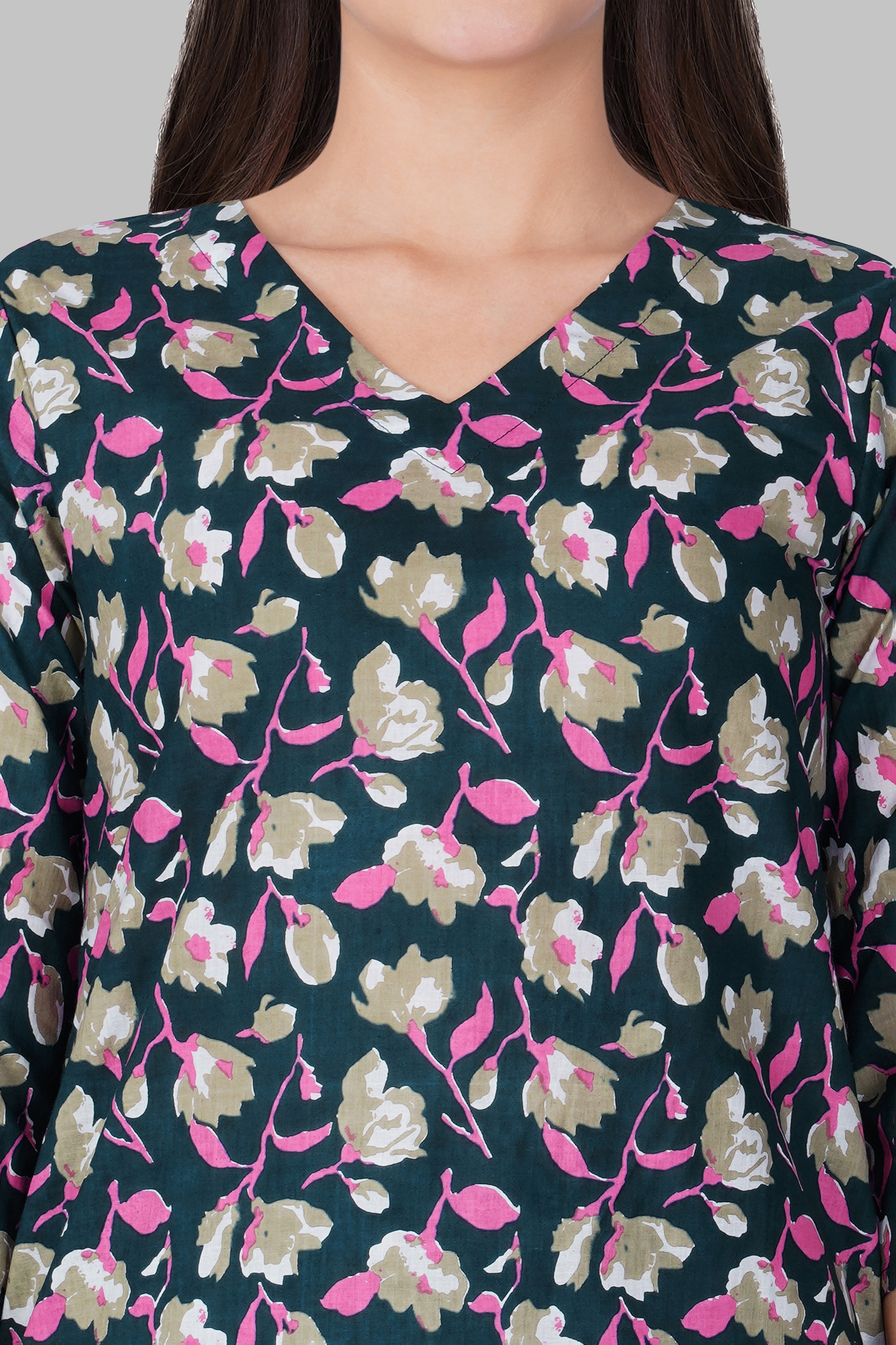 Ocean Blue V Neck Cotton Printed Pyjama Set