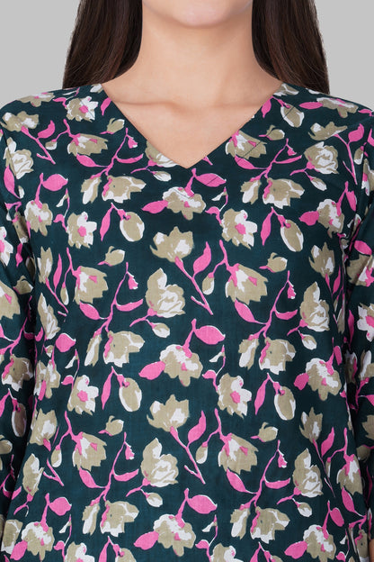 Ocean Blue V Neck Cotton Printed Pyjama Set