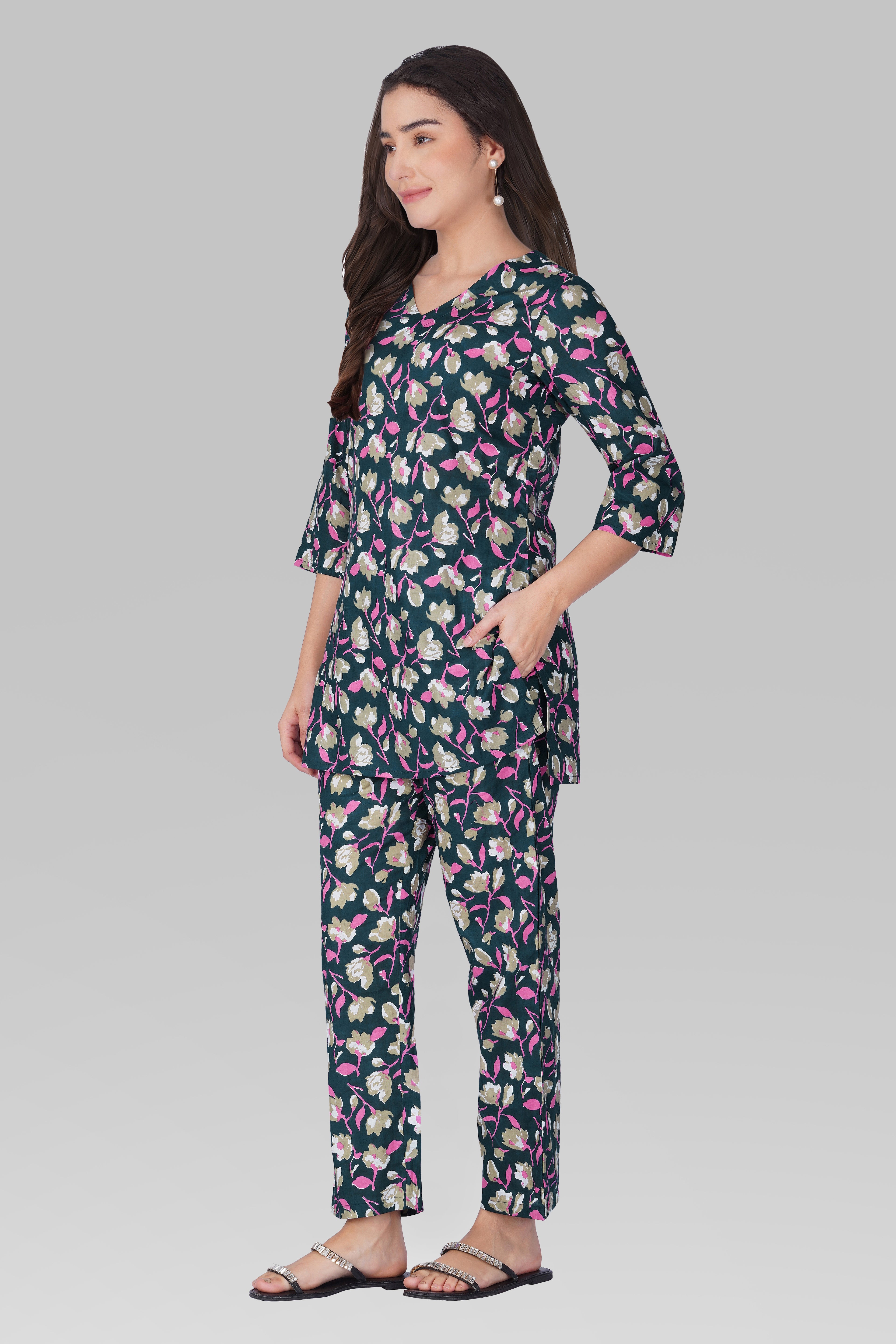 Ocean Blue V Neck Cotton Printed Pyjama Set