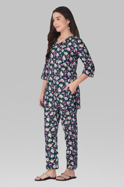 Ocean Blue V Neck Cotton Printed Pyjama Set