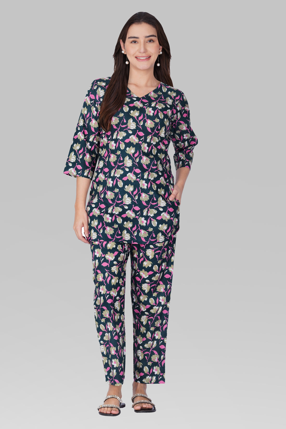 Ocean Blue V Neck Cotton Printed Pyjama Set