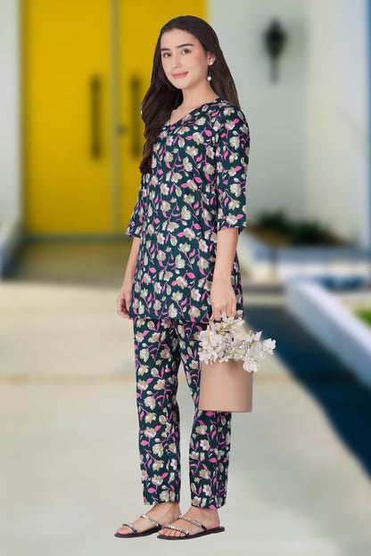 Ocean Blue V Neck Cotton Printed Pyjama Set