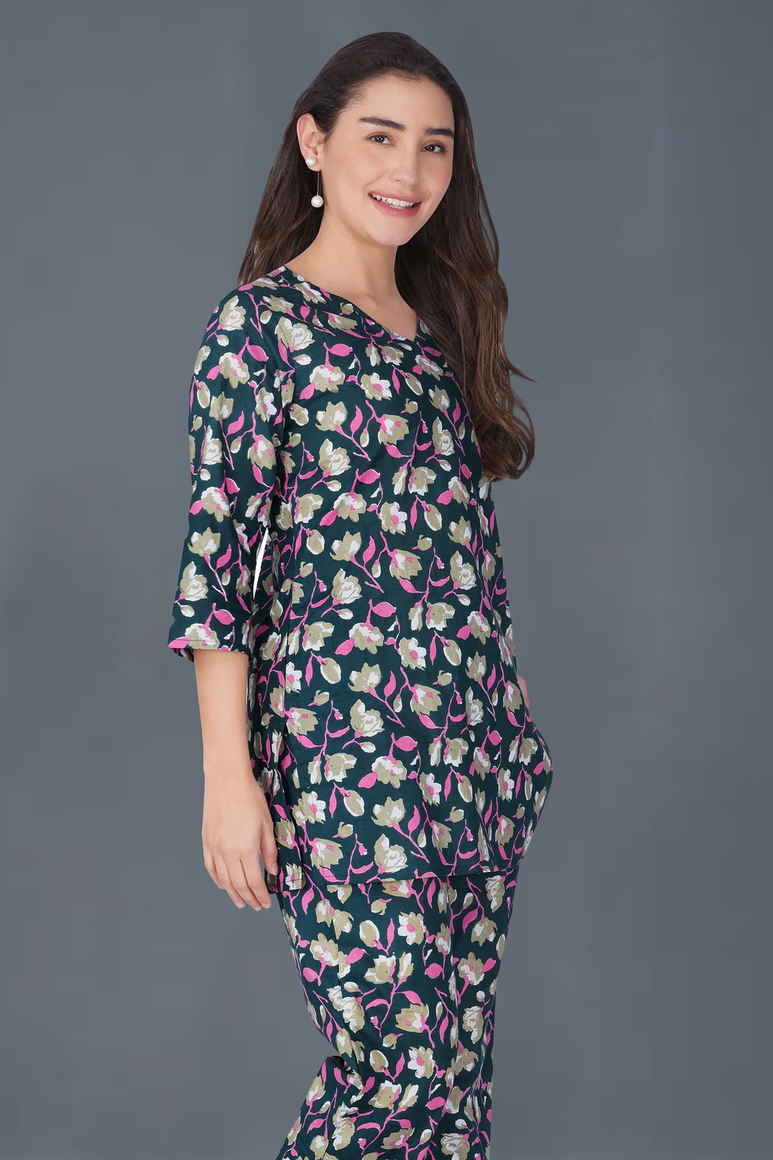 Ocean Blue V Neck Cotton Printed Pyjama Set