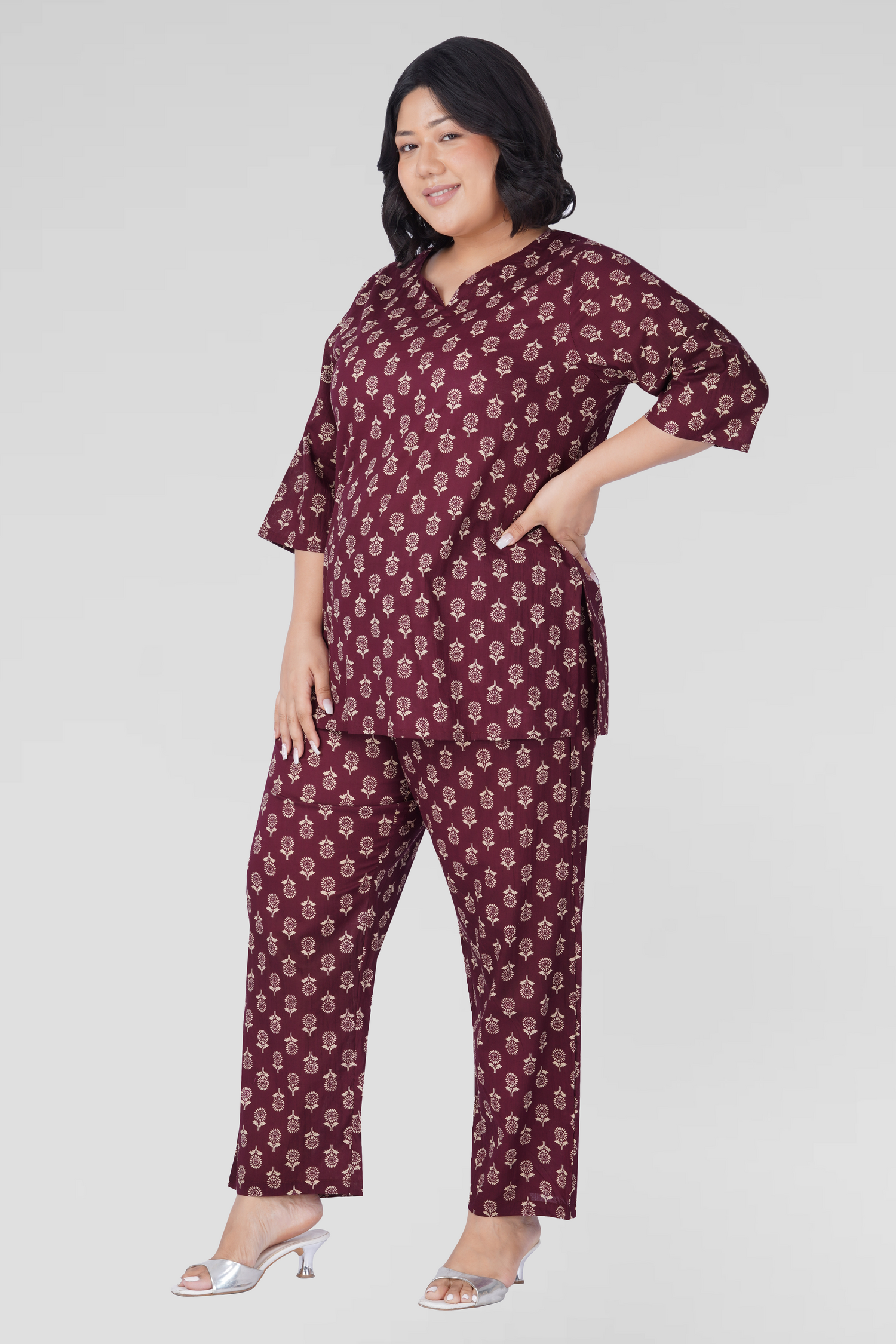 Old Mauve Plus Size Cotton Printed Pyjama Set