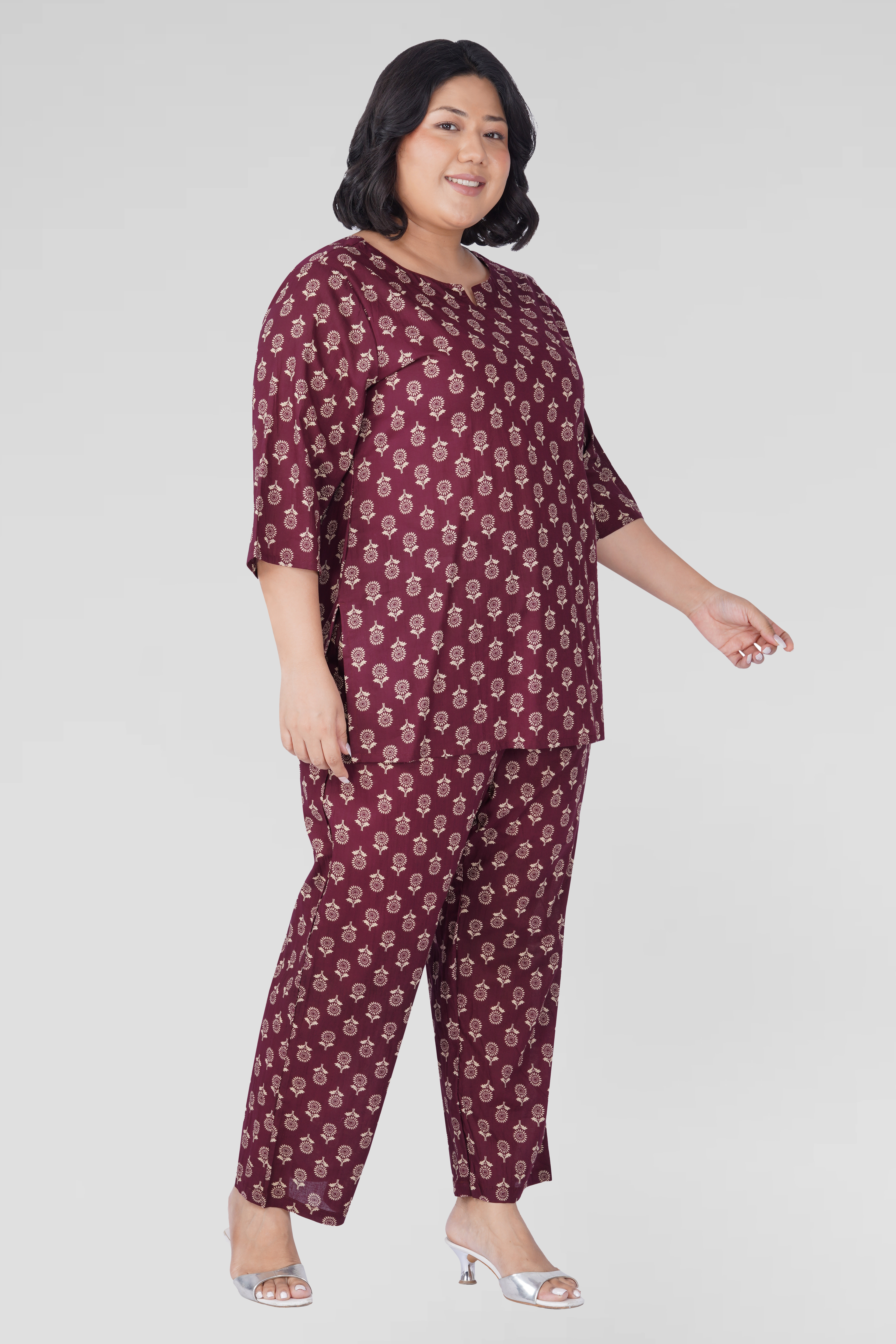 Old Mauve Plus Size Cotton Printed Pyjama Set