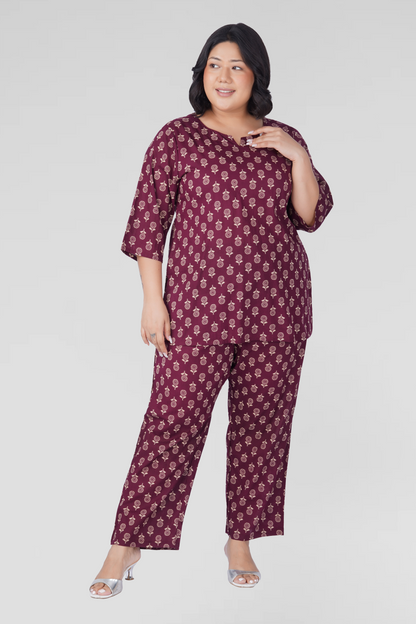 Old Mauve Plus Size Cotton Printed Pyjama Set