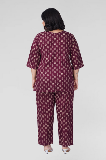 Old Mauve Plus Size Cotton Printed Pyjama Set