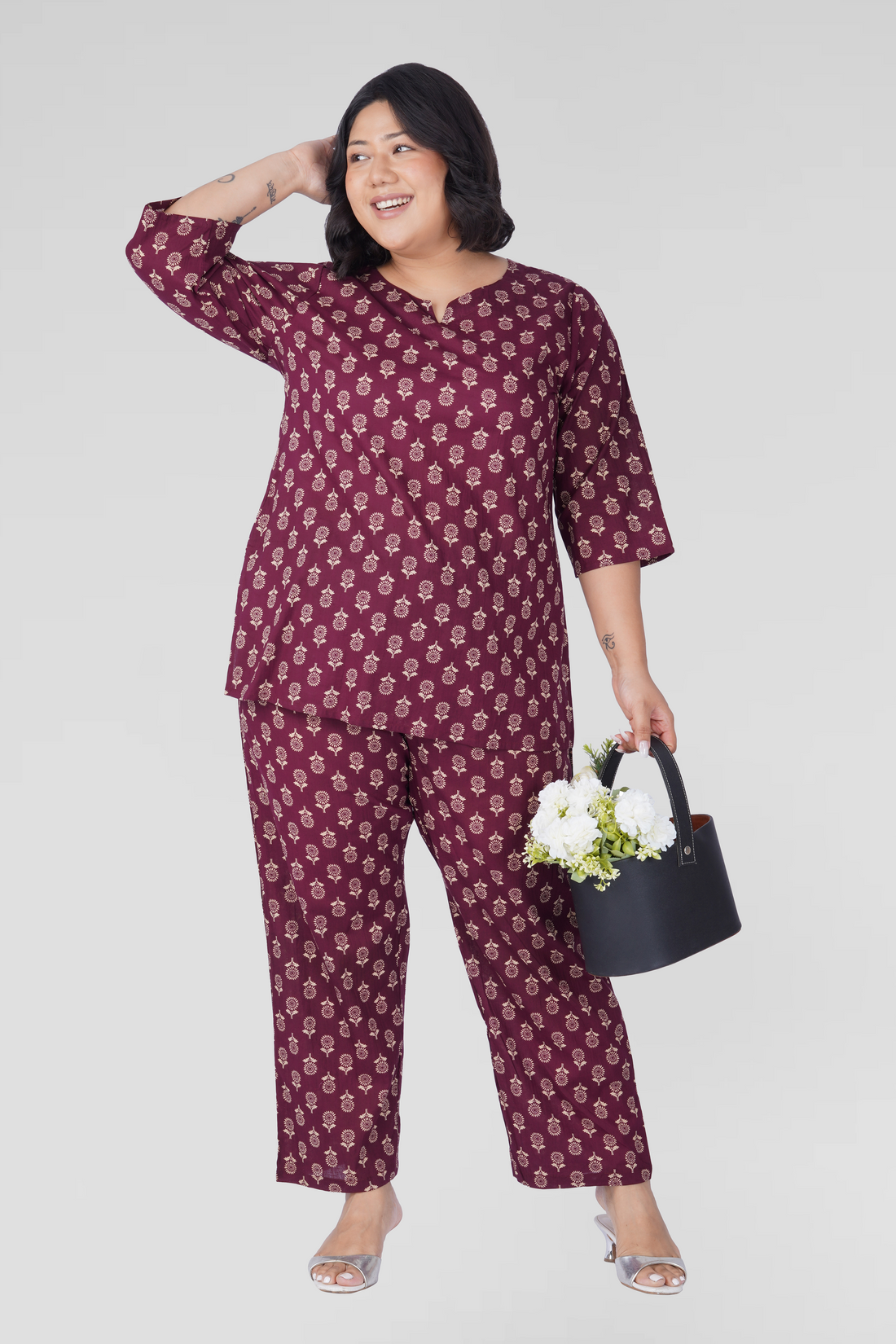 Old Mauve Plus Size Cotton Printed Pyjama Set