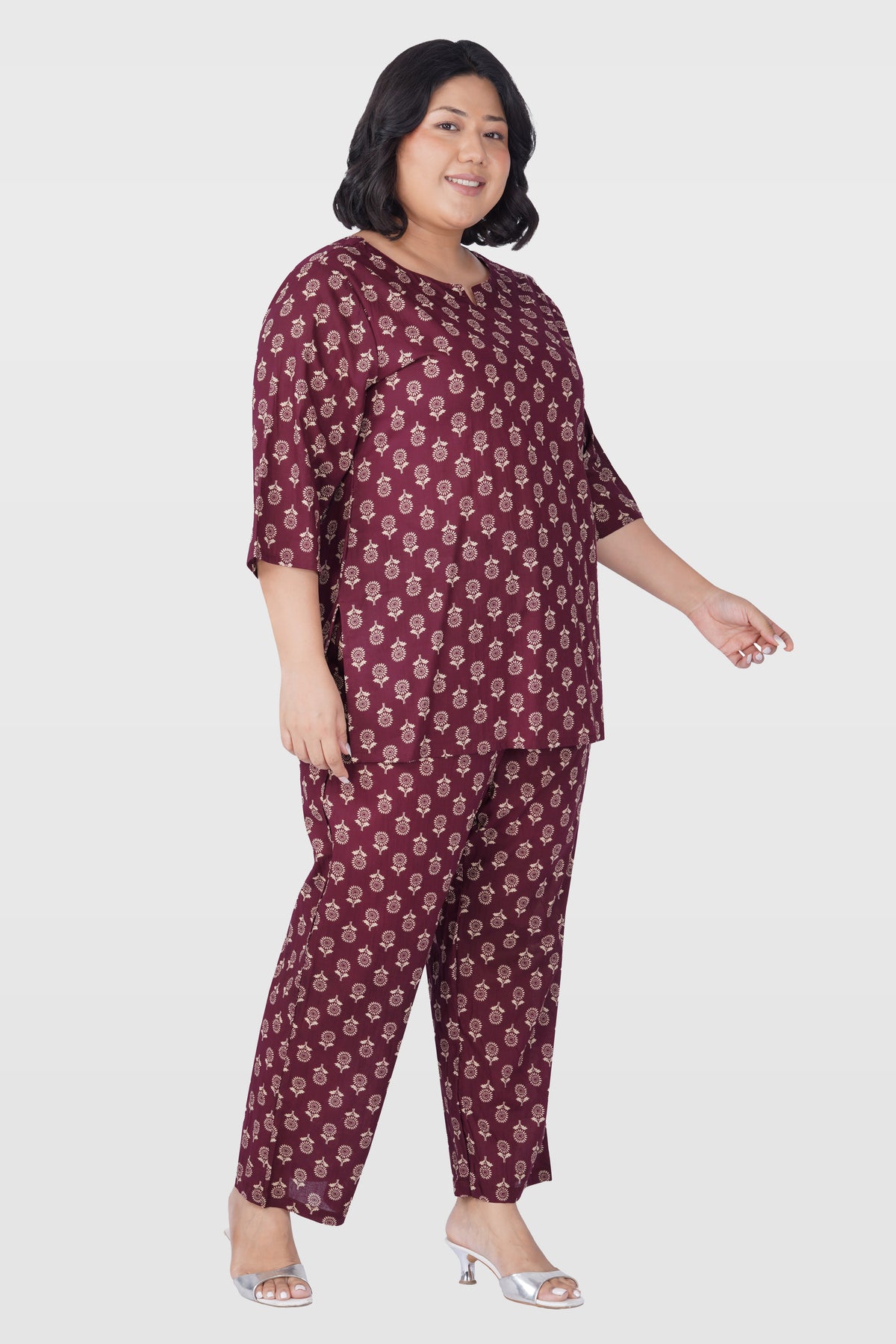 Old Mauve Plus Size Cotton Printed Pyjama Set