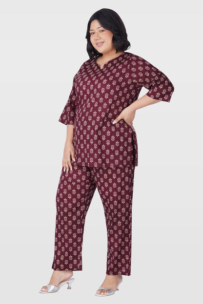 Old Mauve Plus Size Cotton Printed Pyjama Set