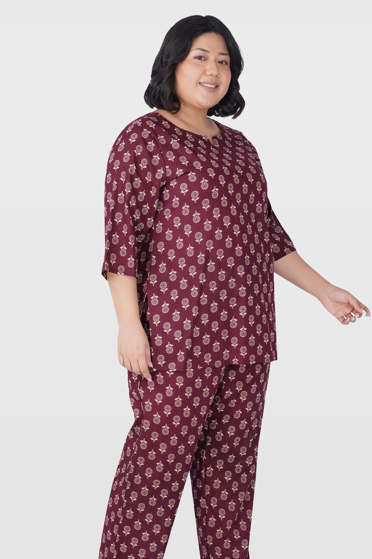 Old Mauve Plus Size Cotton Printed Pyjama Set