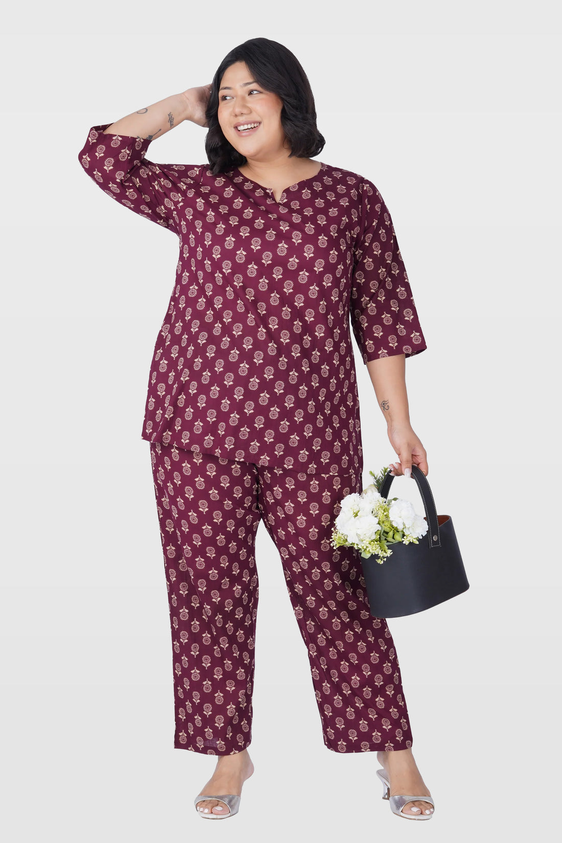 Old Mauve Plus Size Cotton Printed Pyjama Set