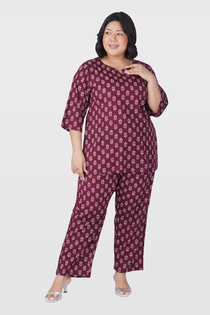 Old Mauve Plus Size Cotton Printed Pyjama Set