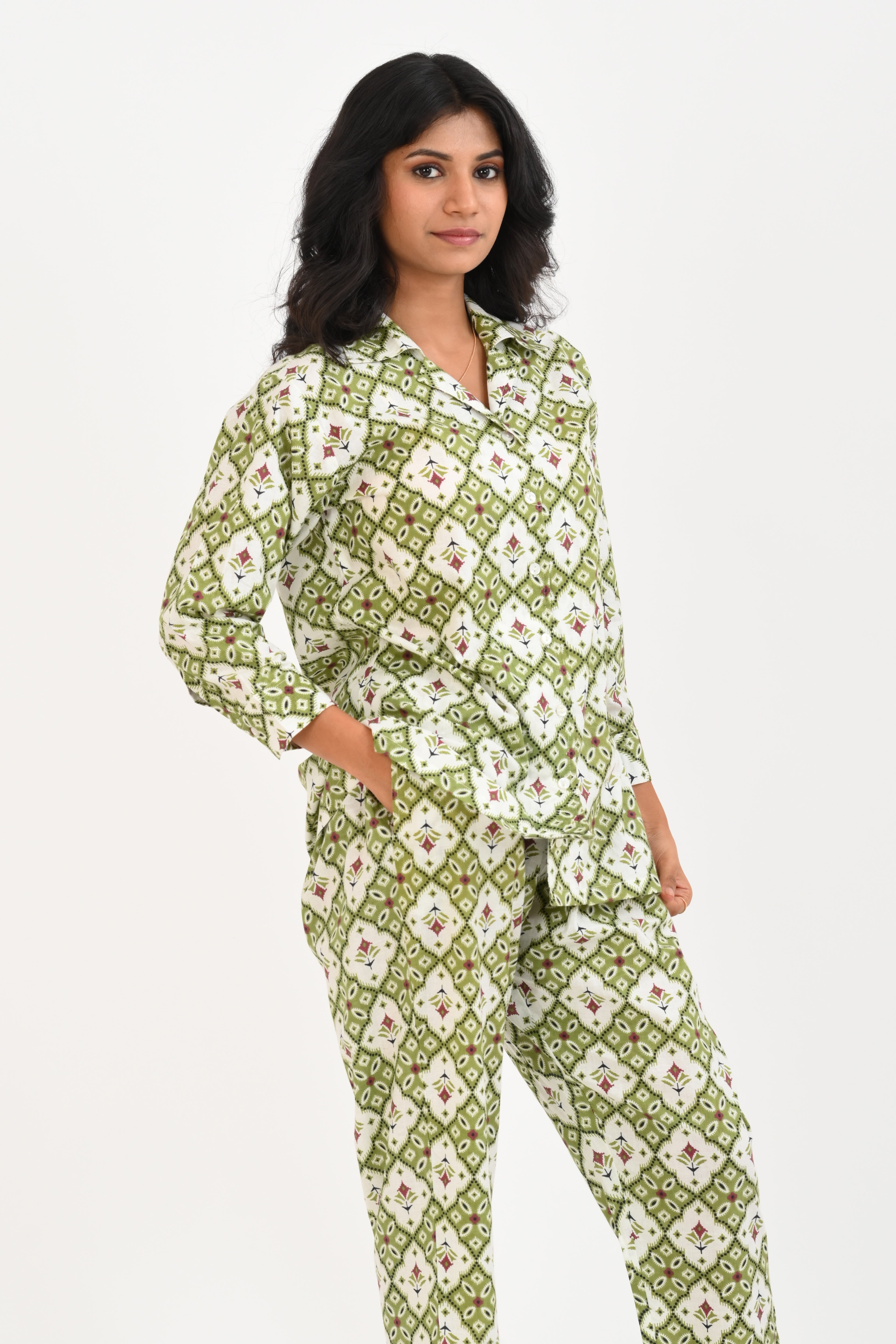 Olive Green Cotton Printed Pyjama Set Cuban Collar