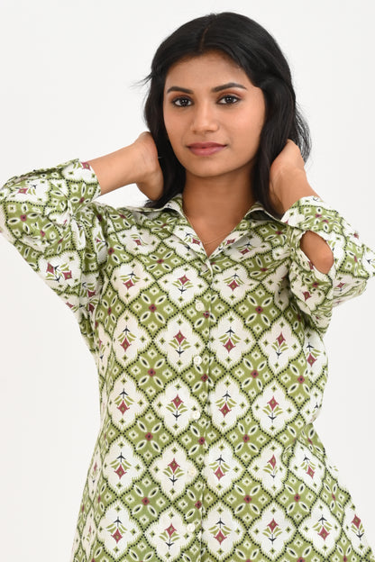 Olive Green Cotton Printed Pyjama Set Cuban Collar