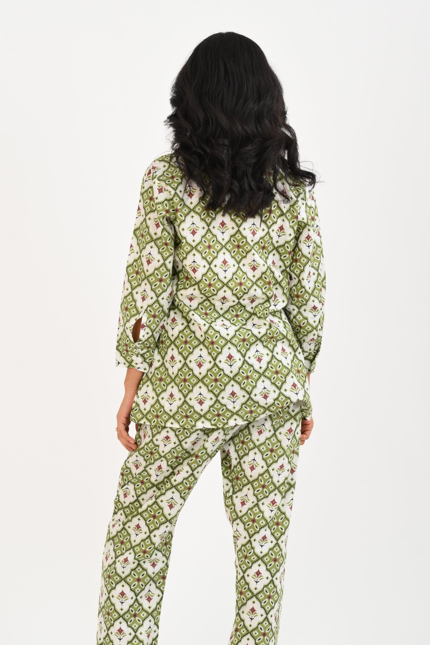 Olive Green Cotton Printed Pyjama Set Cuban Collar