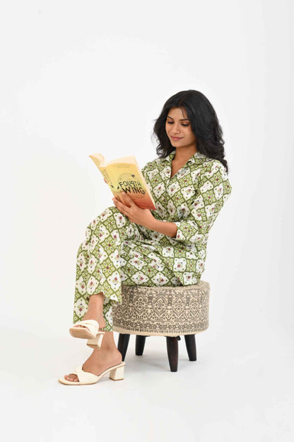 Olive Green Cotton Printed Pyjama Set Cuban Collar