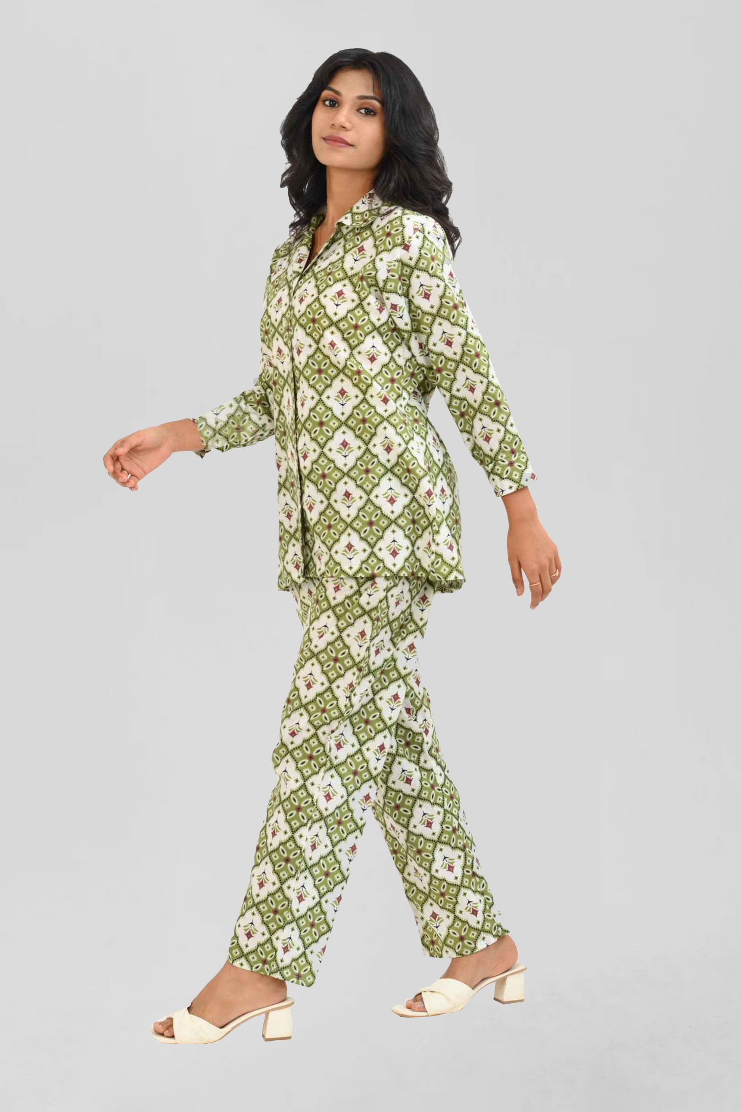 Olive Green Cotton Printed Pyjama Set Cuban Collar