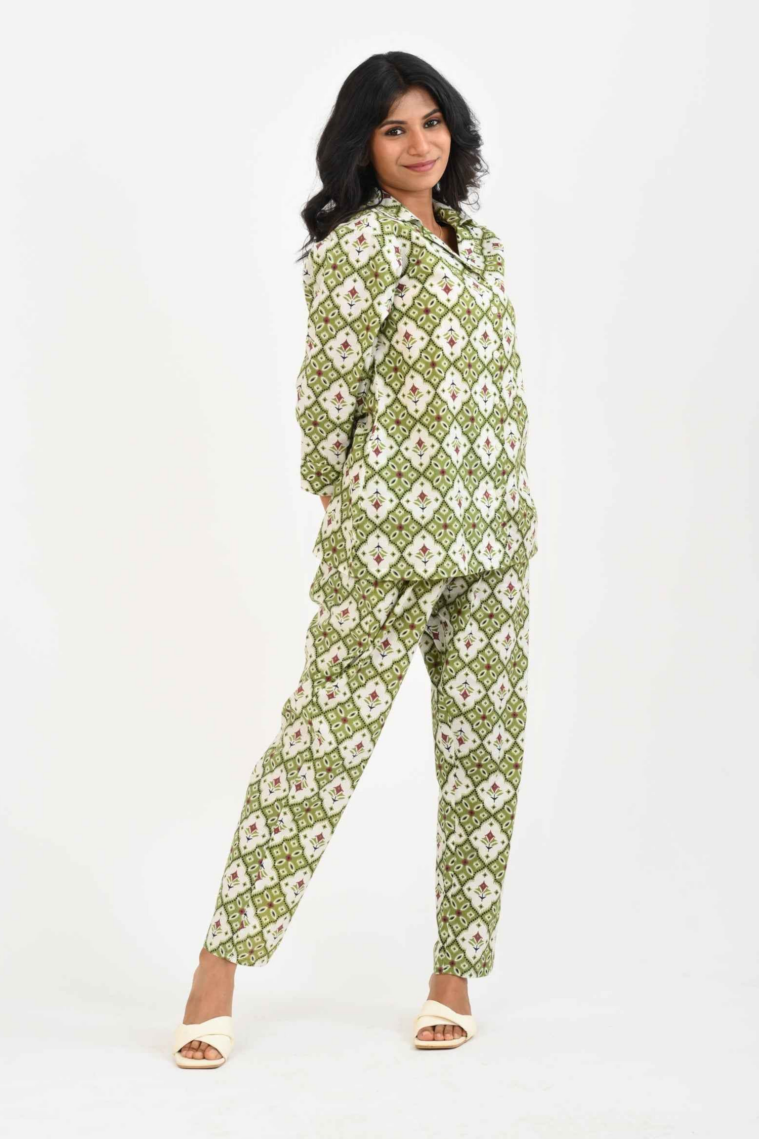 Olive Green Cotton Printed Pyjama Set Cuban Collar