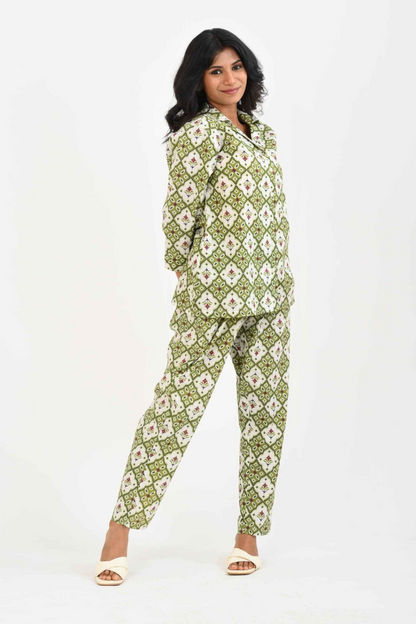 Olive Green Cotton Printed Pyjama Set Cuban Collar