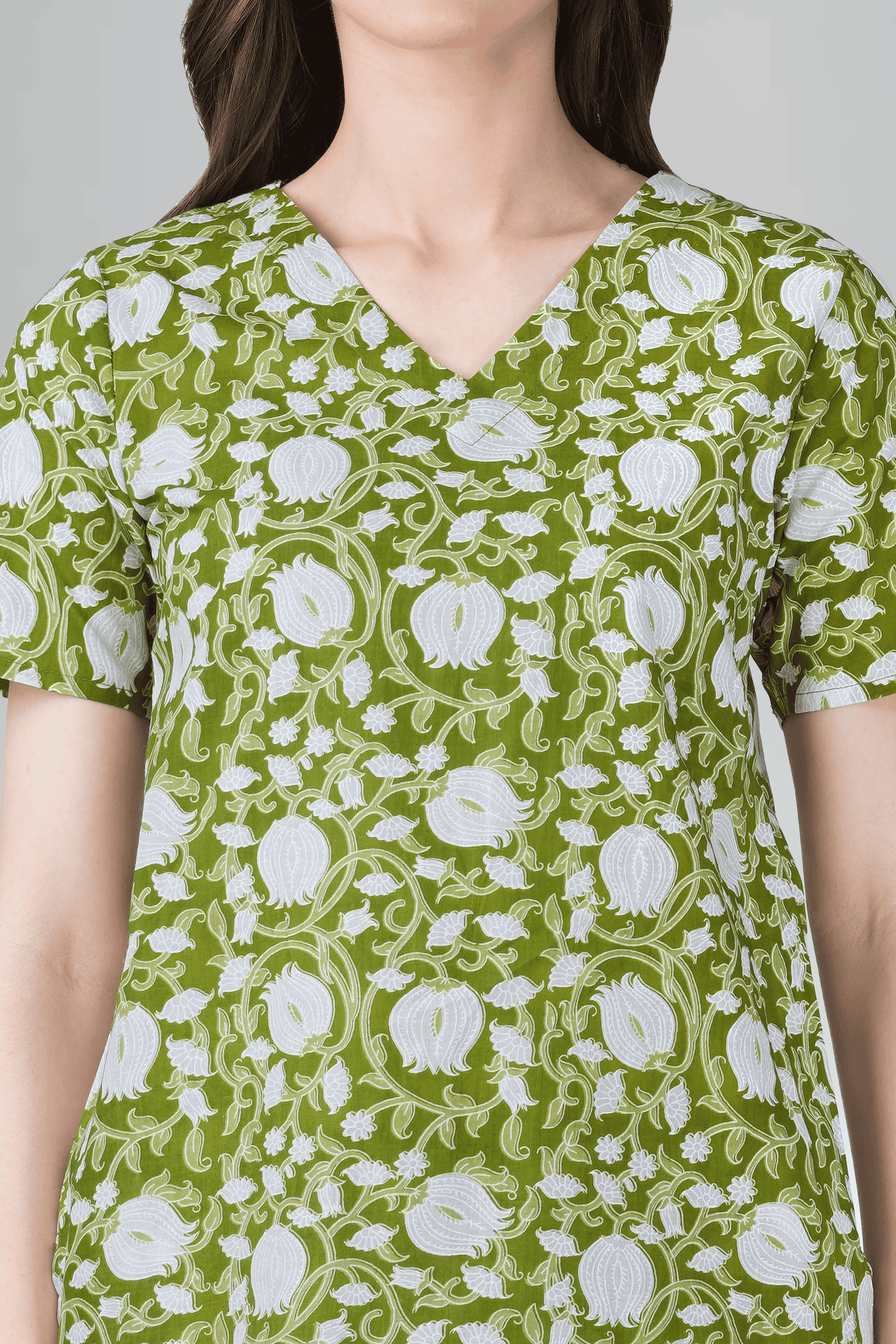Olive Green V Neck Cotton Printed Pyjama Set