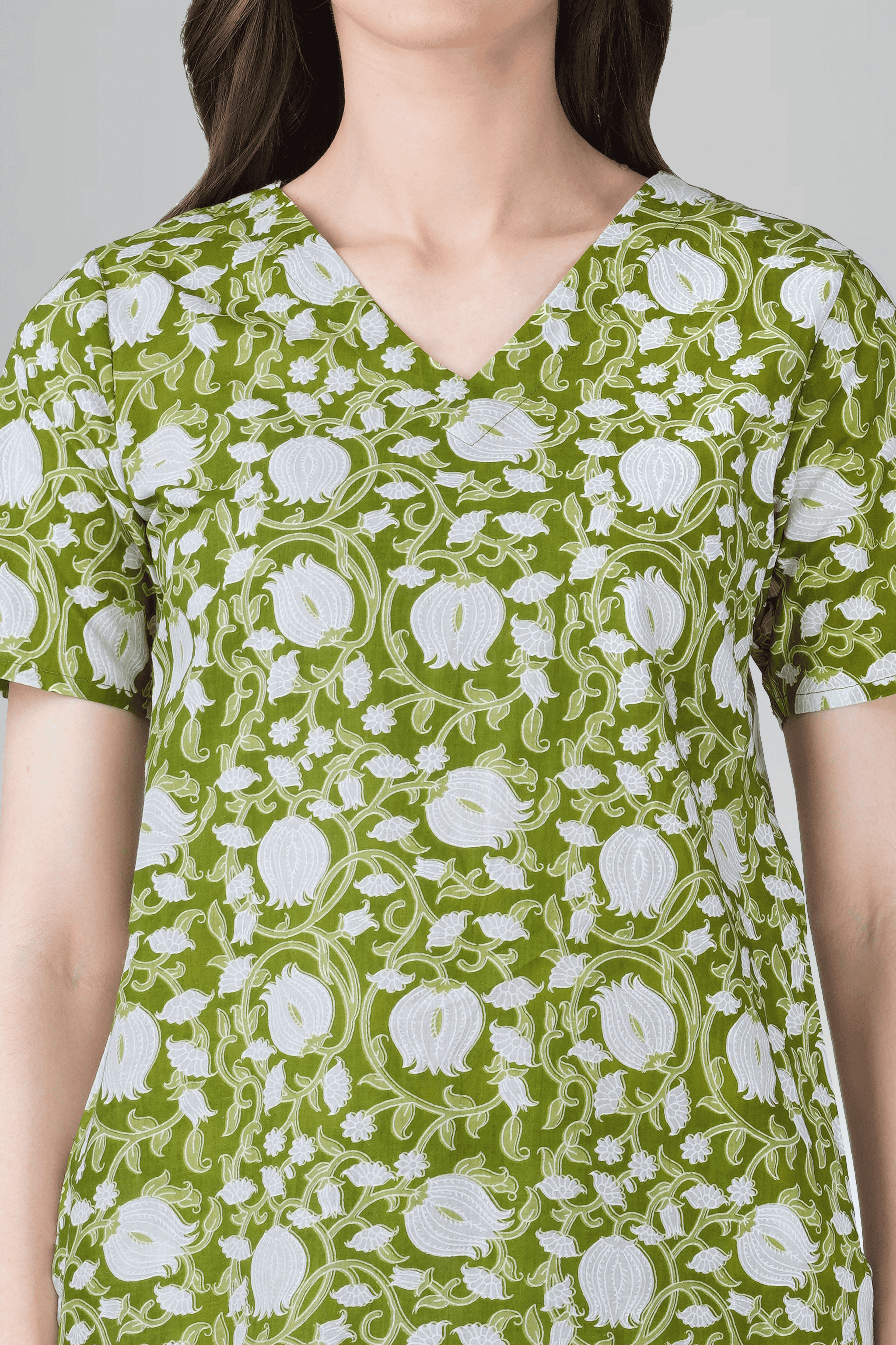 Olive Green V Neck Cotton Printed Pyjama Set