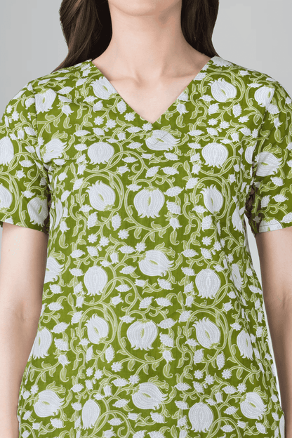 Olive Green V Neck Cotton Printed Pyjama Set
